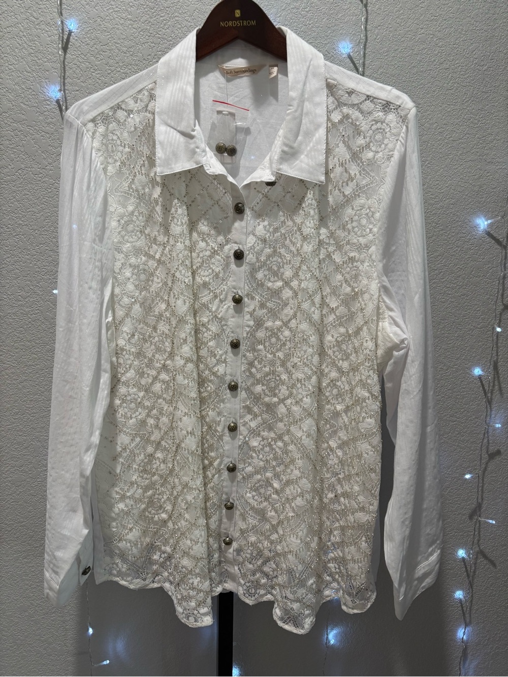 Soft Surroundings White Lace Front Button-Down Shirt